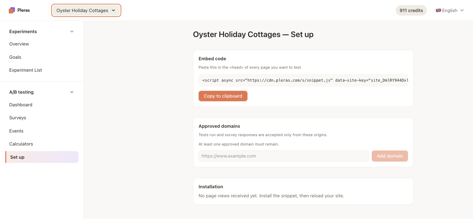 The Set up page in the Pleras dashboard, reached from Set up in the sidebar, showing the Embed code panel with the snippet and a Copy to clipboard button.
