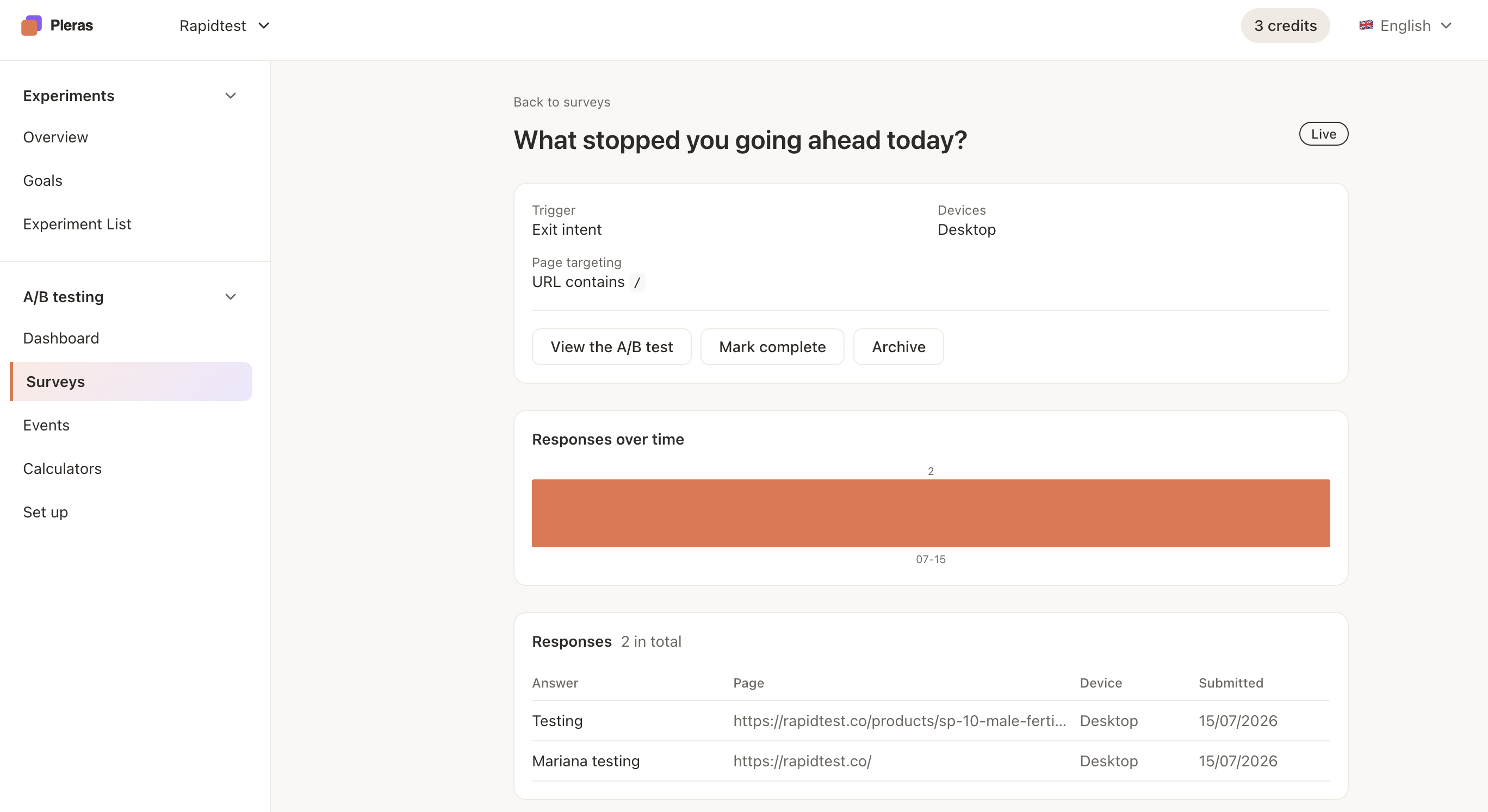 The survey detail view in Pleras, showing trigger, devices and page targeting at the top, and the responses table at the bottom listing two test answers.