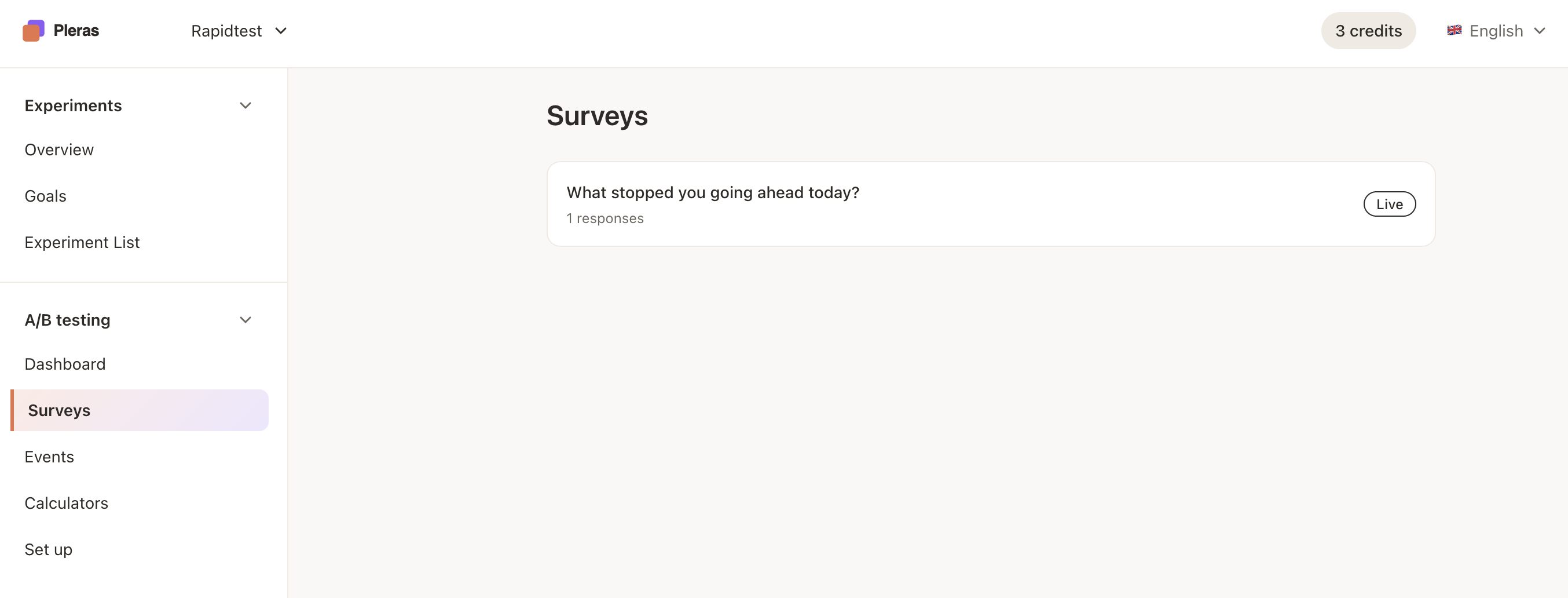 The Surveys list in Pleras, reached from the A/B testing section of the sidebar, showing a survey card with the question and its response count.