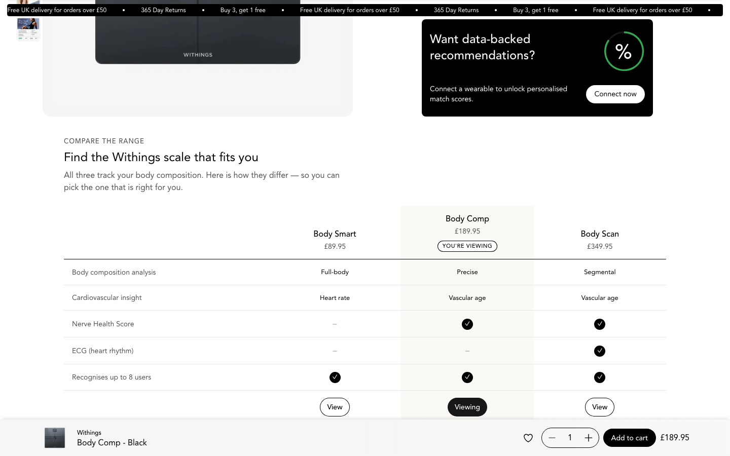 The product page with a same-range model comparison added